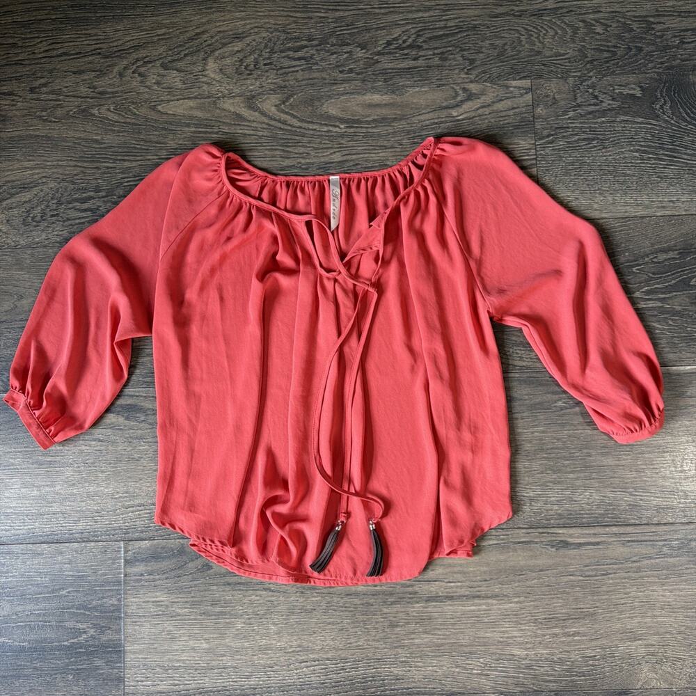 Andree Sz S Coral Peasant Blouse Boho Tassel Tie 3/4 Sleeve Festival Flowy Top
